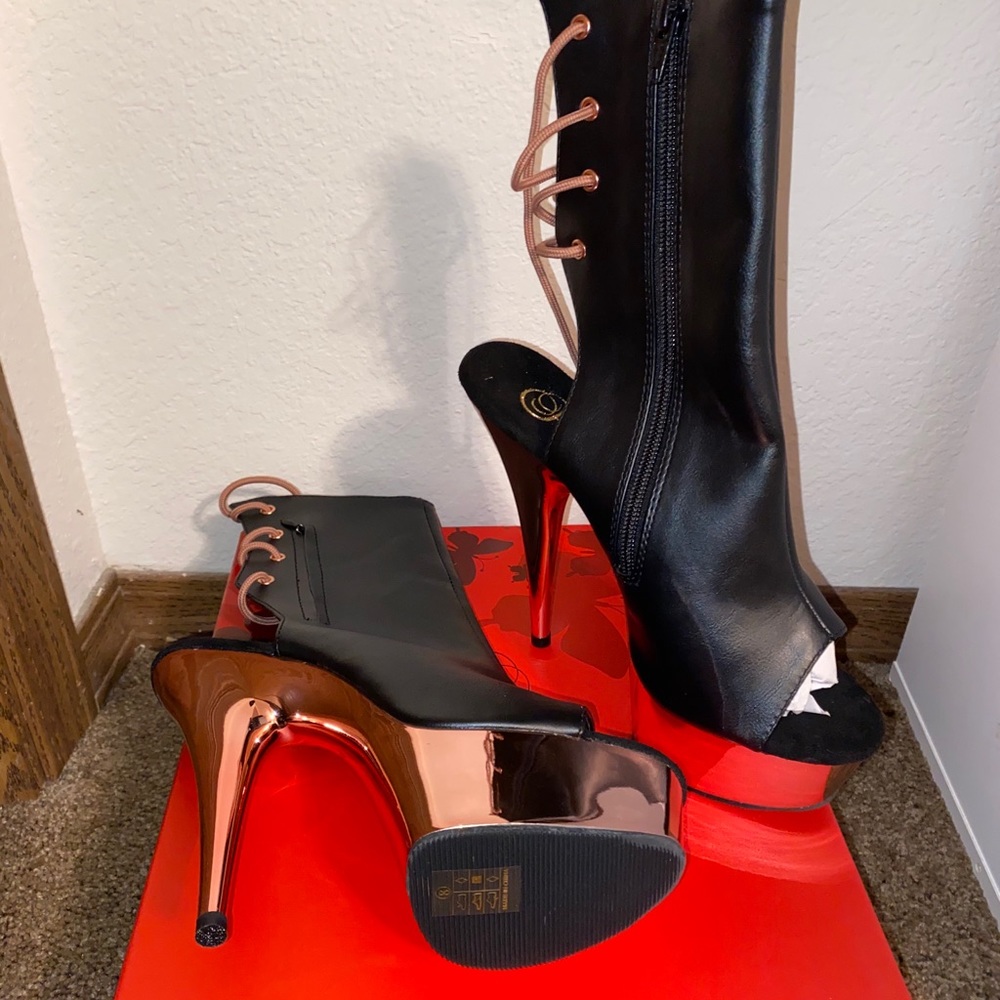 Black Faux Leather Pleaser Heels Rose Gold Chrome